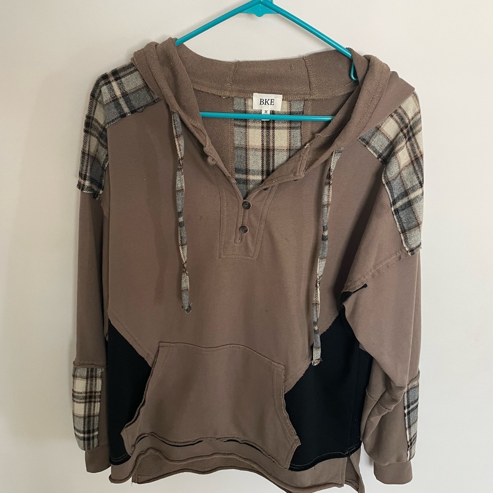 BKE Plaid Patchwork Hoodie in Brown and Black